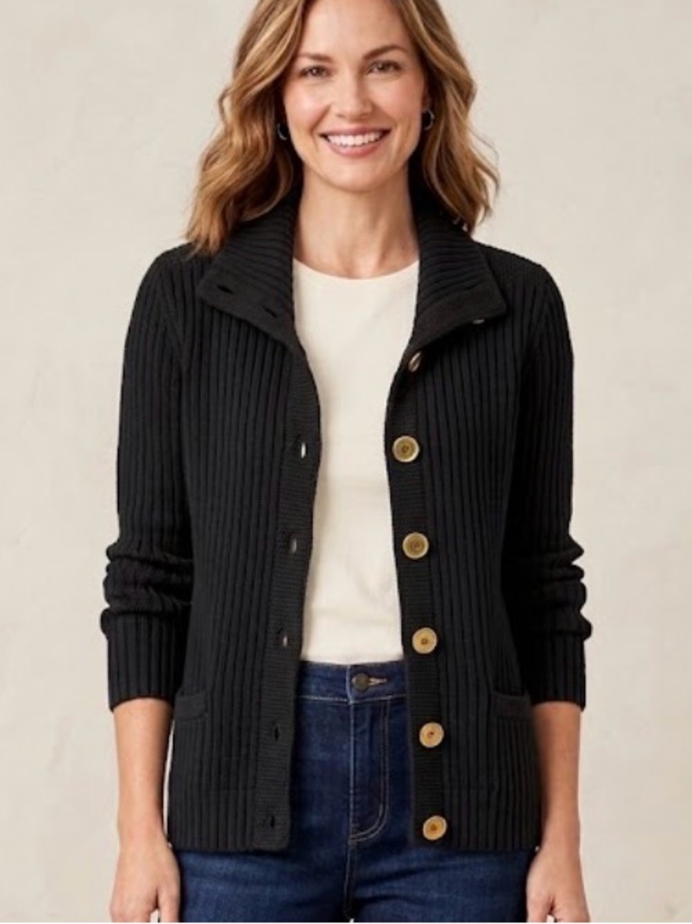 Talbots Black 100% Pima Cotton Ribbed Shawl-Collar Button Cardigan Sweater XL